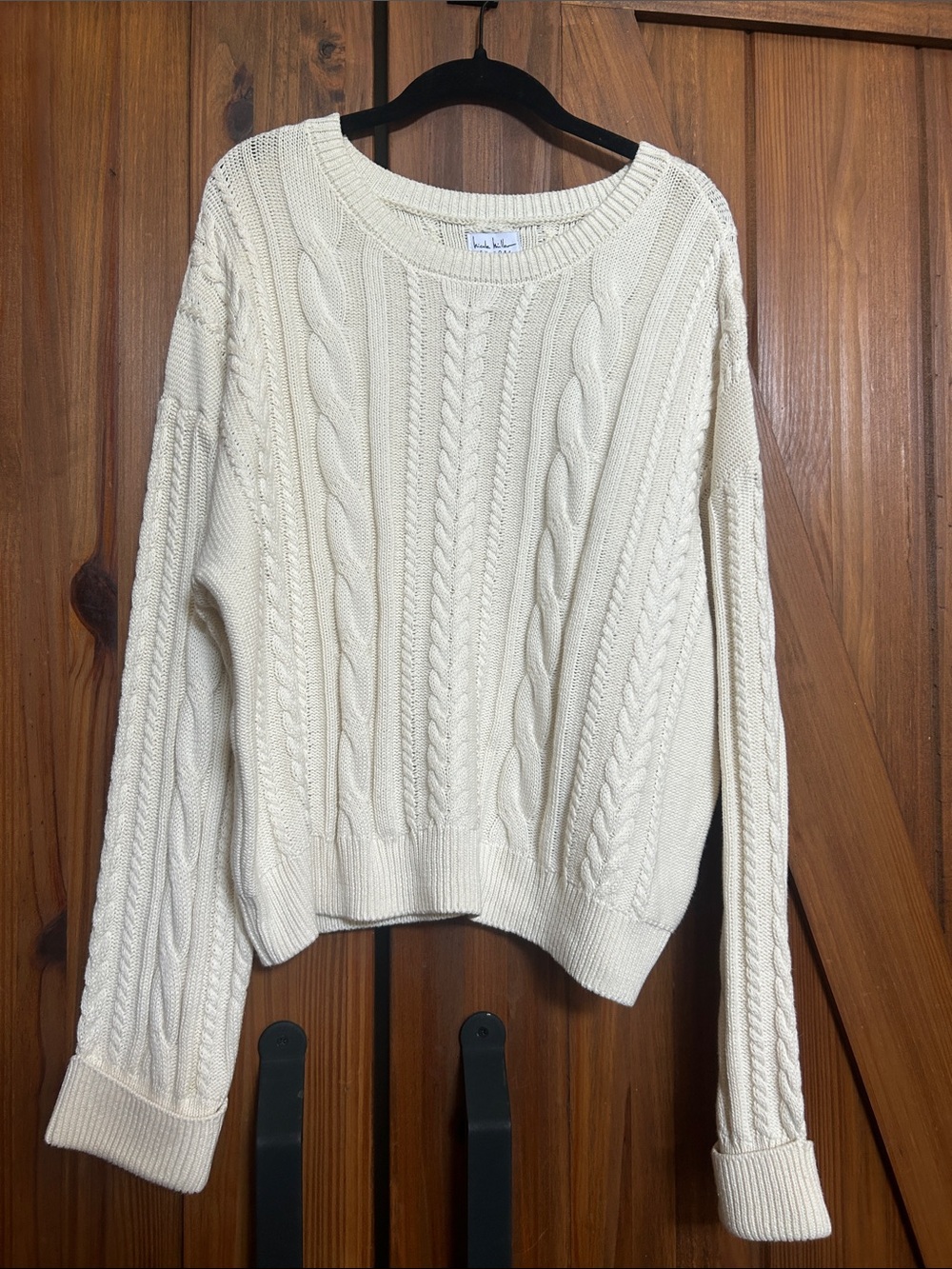 Nicole Miller Cream Cable Knit Crewneck Sweater - call out